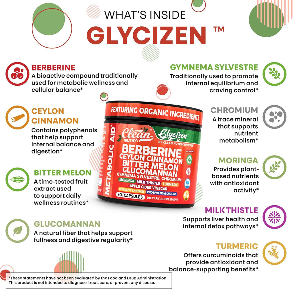 Clean Nutra Berberine Ceylon Cinnamon Bitter Melon Glucomannan Gymnema Sylvestre Chromium Moringa Milk Thistle Turmeric Apple Cider Vinegar Digestive Enzymes Inositol Supplement 90 Capsules