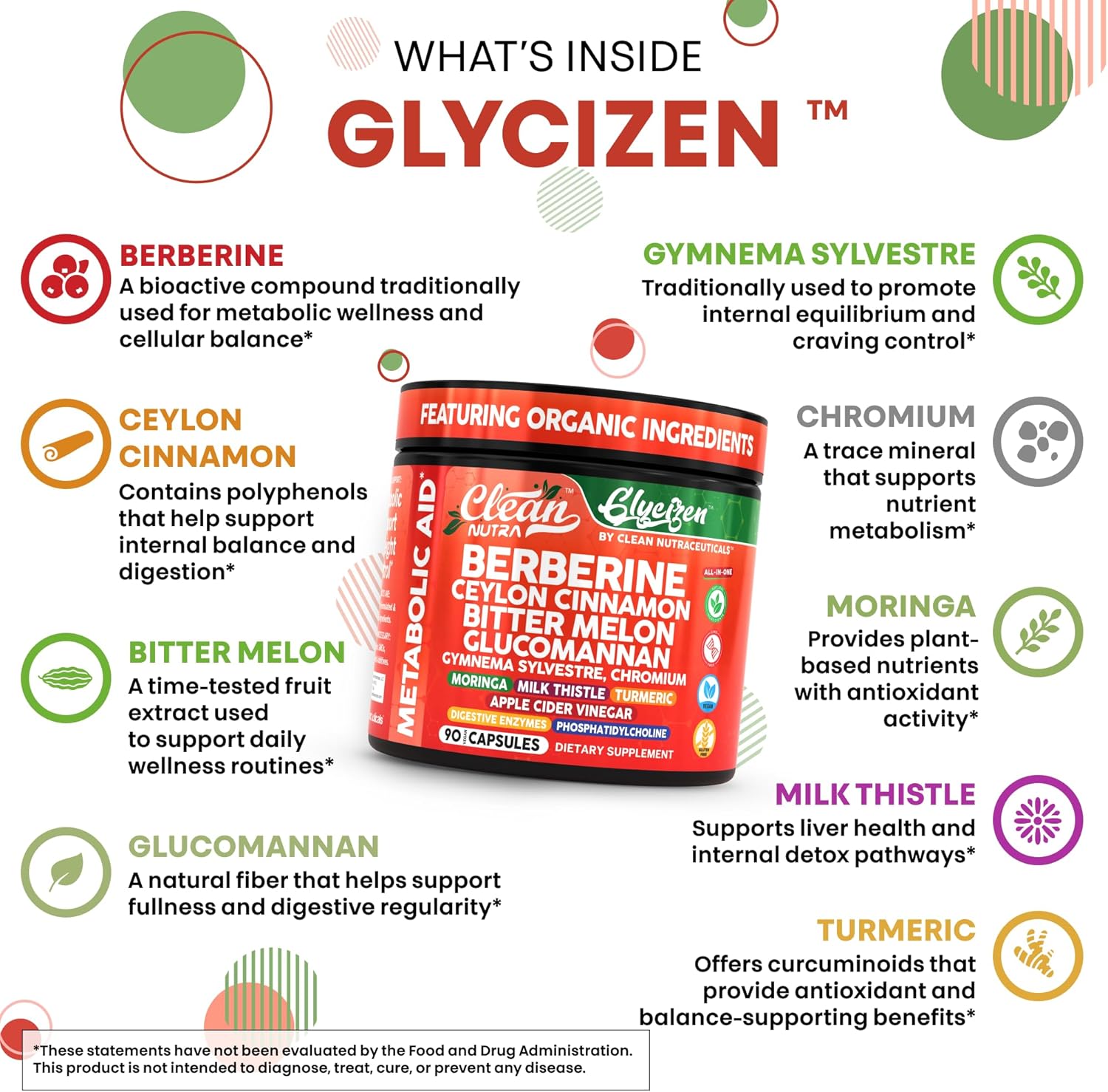 Clean Nutra Berberine Ceylon Cinnamon Bitter Melon Glucomannan Gymnema Sylvestre Chromium Moringa Milk Thistle Turmeric Apple Cider Vinegar Digestive Enzymes Inositol Supplement 90 Capsules