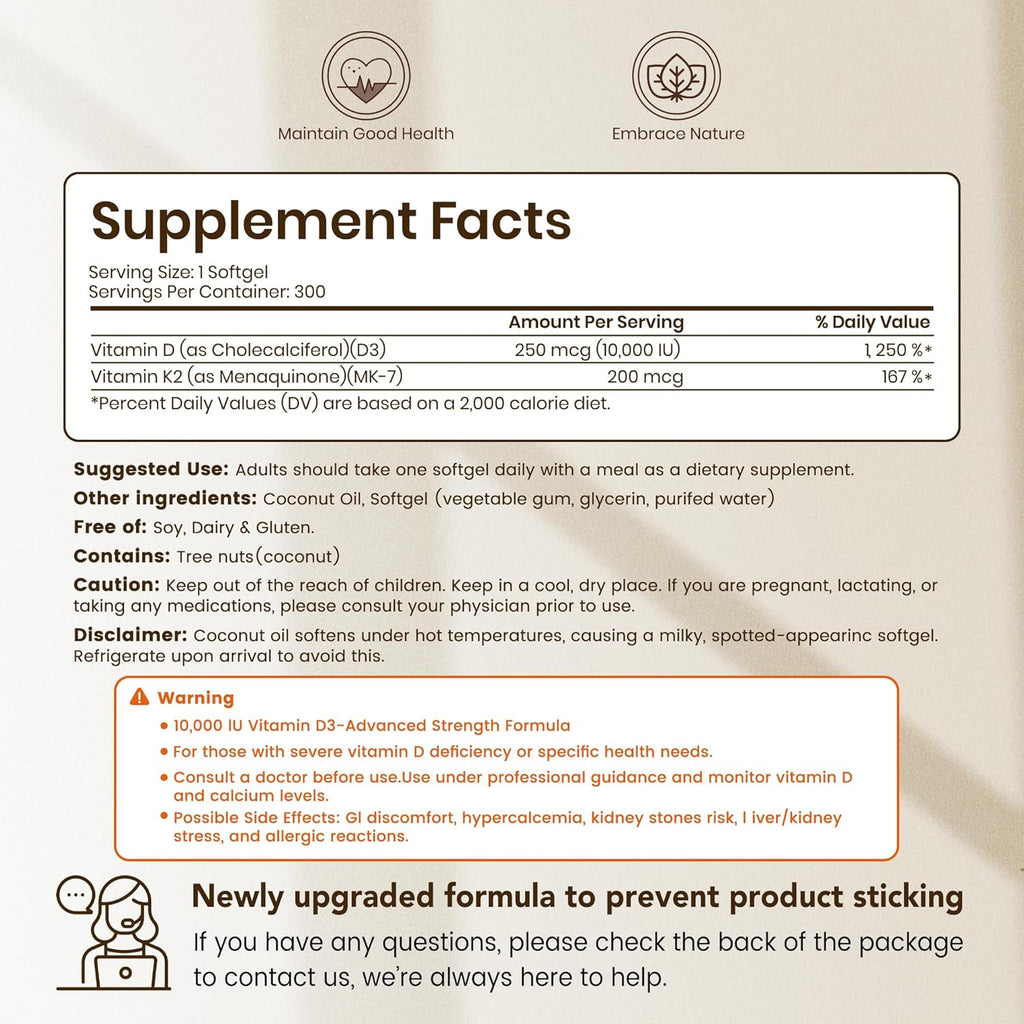 VEV Vitamin D3 K2 10000 IU, 300 Coconut Oil Softgels, Corefeel 2 in 1 Vitamins Supplement D & K (Include MK7), Easy to Swallow, Supports Calcium Absorption, Bone Healthh