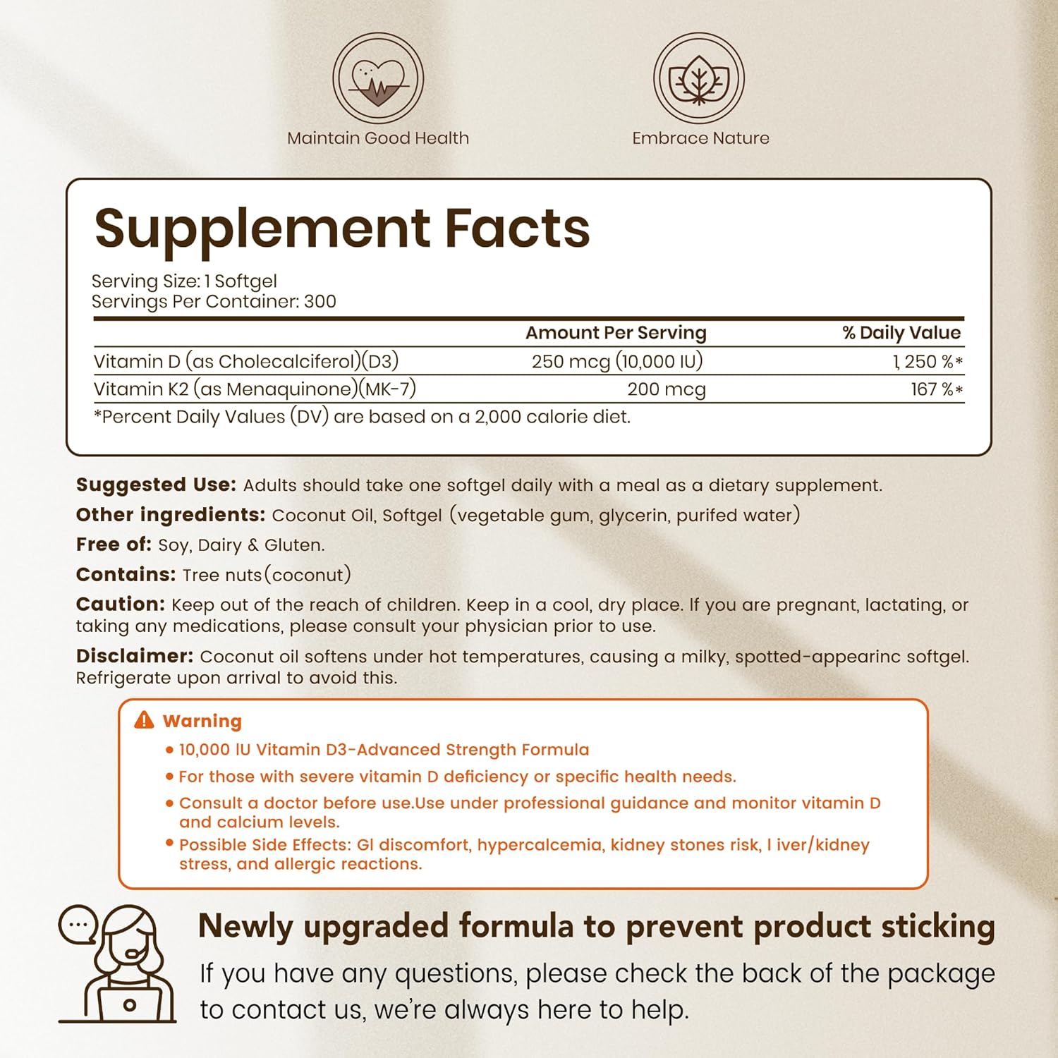 VEV Vitamin D3 K2 10000 IU, 300 Coconut Oil Softgels, Corefeel 2 in 1 Vitamins Supplement D & K (Include MK7), Easy to Swallow, Supports Calcium Absorption, Bone Healthh