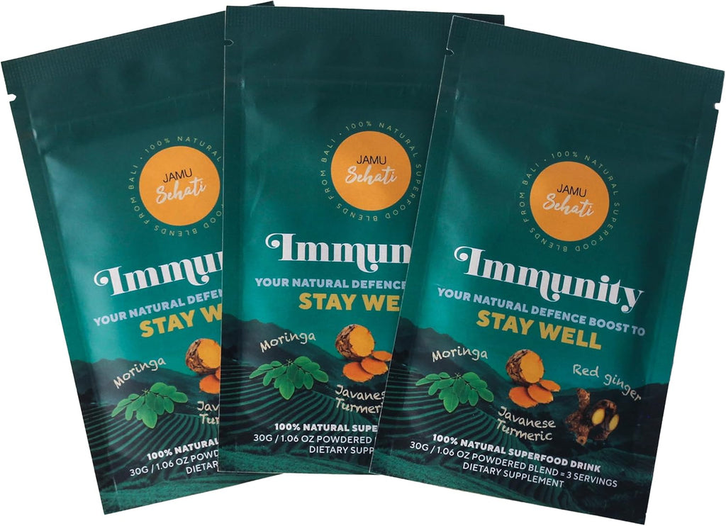 JAMUSEHATI Immunity, Natural Superfoods Blend from Bali, Containing Javanese Turmeric, Red Ginger, Moringa and Matcha, Pack of 3 Sachets