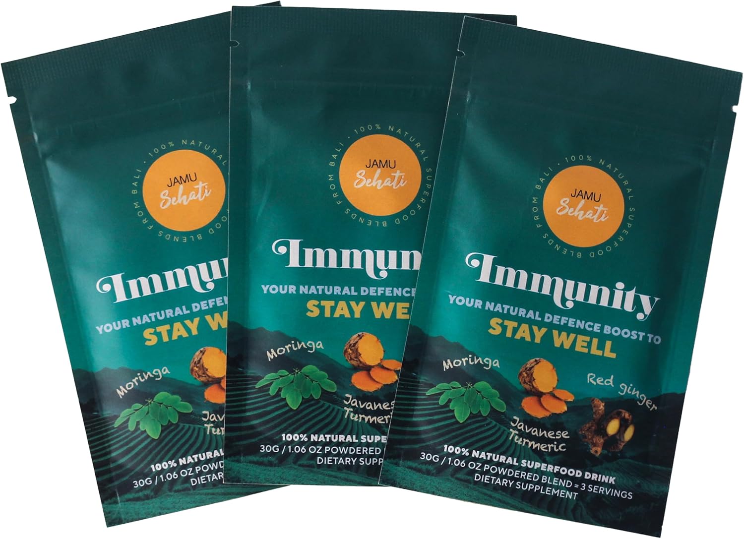 JAMUSEHATI Immunity, Natural Superfoods Blend from Bali, Containing Javanese Turmeric, Red Ginger, Moringa and Matcha, Pack of 3 Sachets