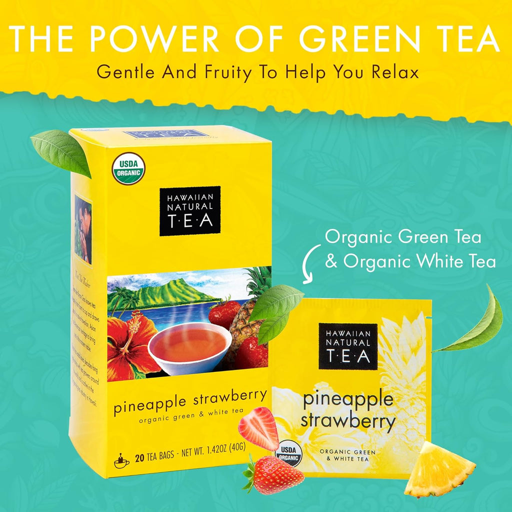 Hawaiian Natural Tea Pineapple Strawberry Flavored Organic Tea - Tropical Fruit Green Tea Blend with White Tea - Perfect Daily Cup & Gift for Tea Lovers - 120 Tea Bags