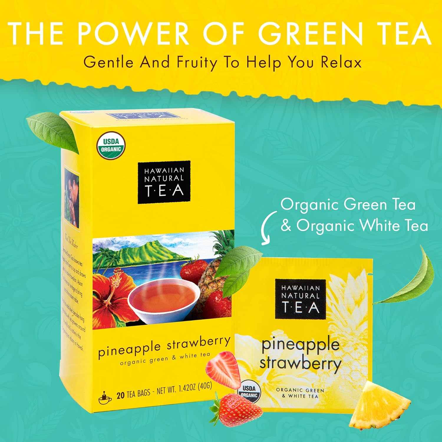 Hawaiian Natural Tea Pineapple Strawberry Flavored Organic Tea - Tropical Fruit Green Tea Blend with White Tea - Perfect Daily Cup & Gift for Tea Lovers - 120 Tea Bags