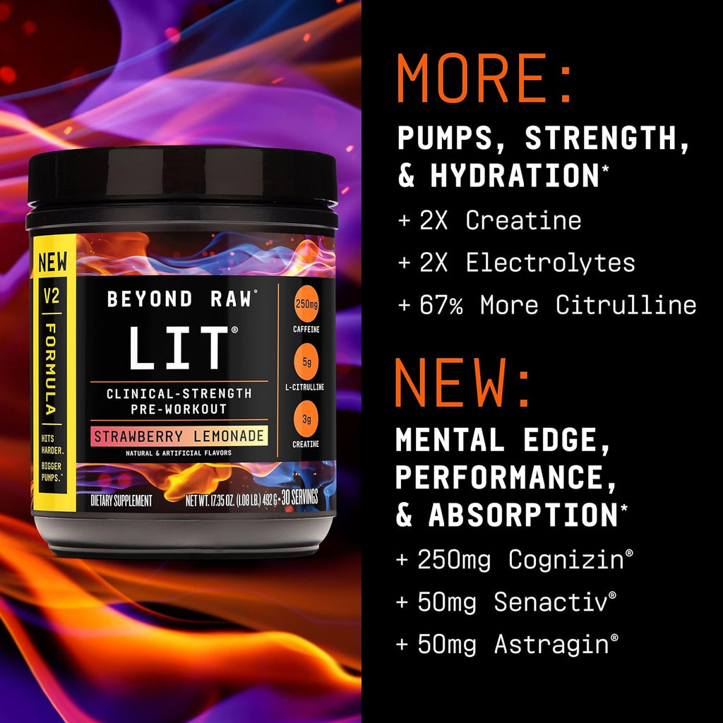 BEYOND RAW LIT V2 Clinical Strength Pre Workout Powder, Hits Harder, Bigger Pumps, Caffeine, L-Citrulline, Creatine, Strawberry Lemonade, 30 Servings