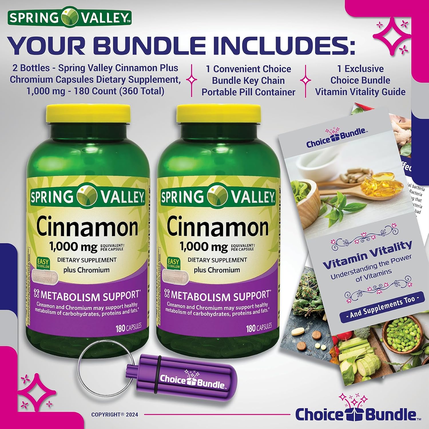 Choice Bundle Spring Valley Cinnamon Plus Chromium Capsules 1000 mg 180 Ct 2 Pk (360 Total) + Vitamin Vitality & Pill Container!