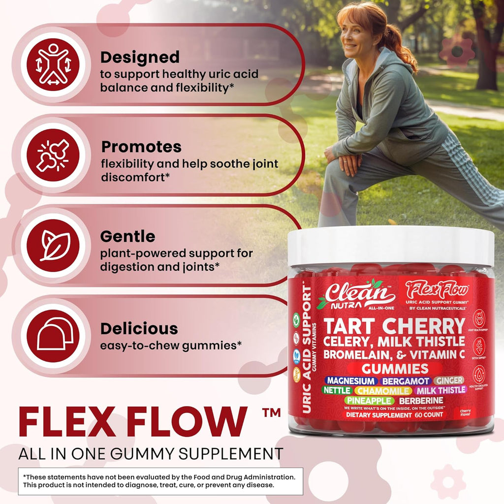 Clean Nutra Tart Cherry Gummies Uric Acid Flush Celery Milk Thistle Bromelain Vitamin C Magnesium Citrus Bergamot Ginger Stinging Nettle Leaf Chamomile Berberine Quercetin Support 60 Gummy Vitamins