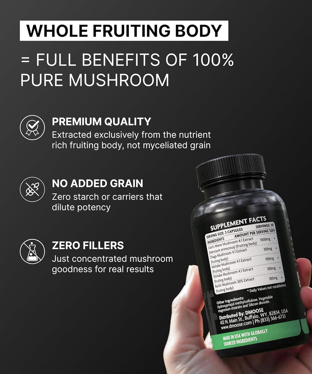 Lions Mane Mushroom Complex - 5300 mg Adaptogenic Blend for Memory, Focus and Immune Support - 5 in 1 Lionsmane, Chaga, Maitake, Shiitake and Reishi Extract, Nootropic Mushroom Supplement Capsules
