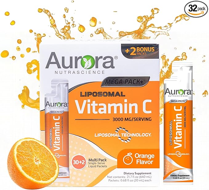 Vida Lifescience Aurora Nutrascience Mega-Pack Liposomal Vitamin C, Immune Support, 3,000 mg per Serving, Vegan, Gluten Free, Non-GMO, 32 Single Serve Packets, Orange