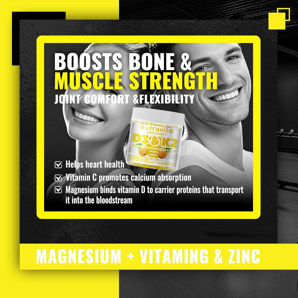 Sugar-Free Vitamin D3 K2 Chews with Calcium + K2 (MK-7), Magnesium Citrate, Vitamin C, Extra Strength - Ultimate Absorption for Bone Muscle Teeth Immune, Vegan - 60 Count-Pineapple Flavor
