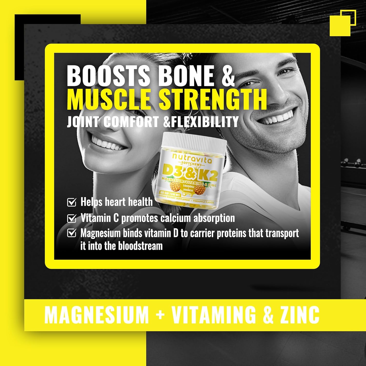 Sugar-Free Vitamin D3 K2 Chews with Calcium + K2 (MK-7), Magnesium Citrate, Vitamin C, Extra Strength - Ultimate Absorption for Bone Muscle Teeth Immune, Vegan - 60 Count-Pineapple Flavor