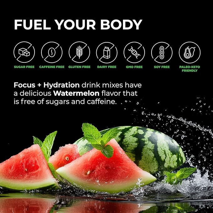 BrainTree Nutrition - Focus + Hydration - Electrolyte Drink Mix - Total Body Hydration - Supports Cognitive Function, Energy & Muscle Recovery - Sugar Free - Watermelon - 30 Stick Packs