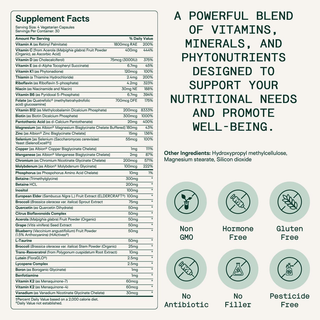 Adapt Naturals Multivitamin for Women & Men, Bioavailable Easy-to-Absorb Multivitamin Daily Supplement with Biotin, Niacin, Vitamin A, B, C, D, E, K1, Zinc, Magnesium - Immune Support - 30 Day Supply