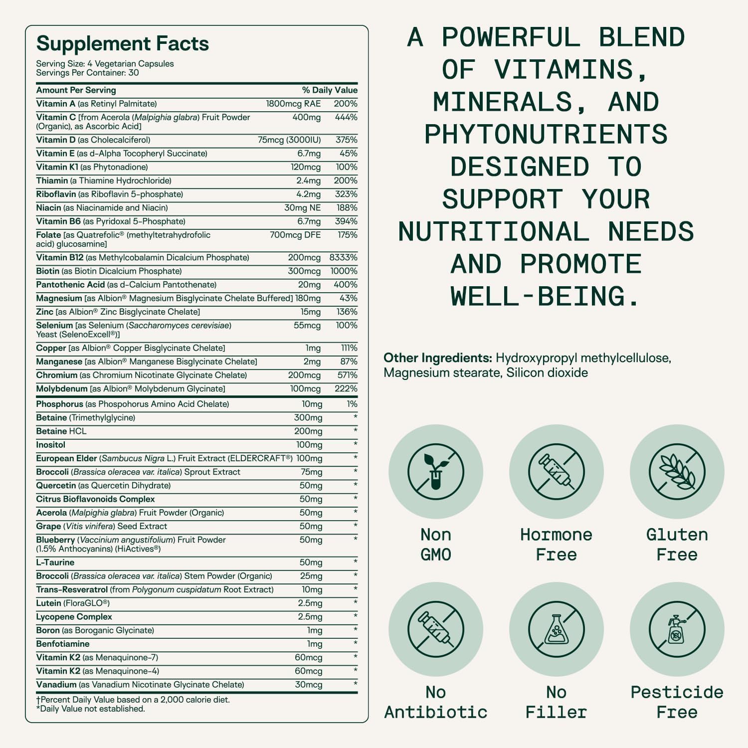 Adapt Naturals Multivitamin for Women & Men, Bioavailable Easy-to-Absorb Multivitamin Daily Supplement with Biotin, Niacin, Vitamin A, B, C, D, E, K1, Zinc, Magnesium - Immune Support - 30 Day Supply