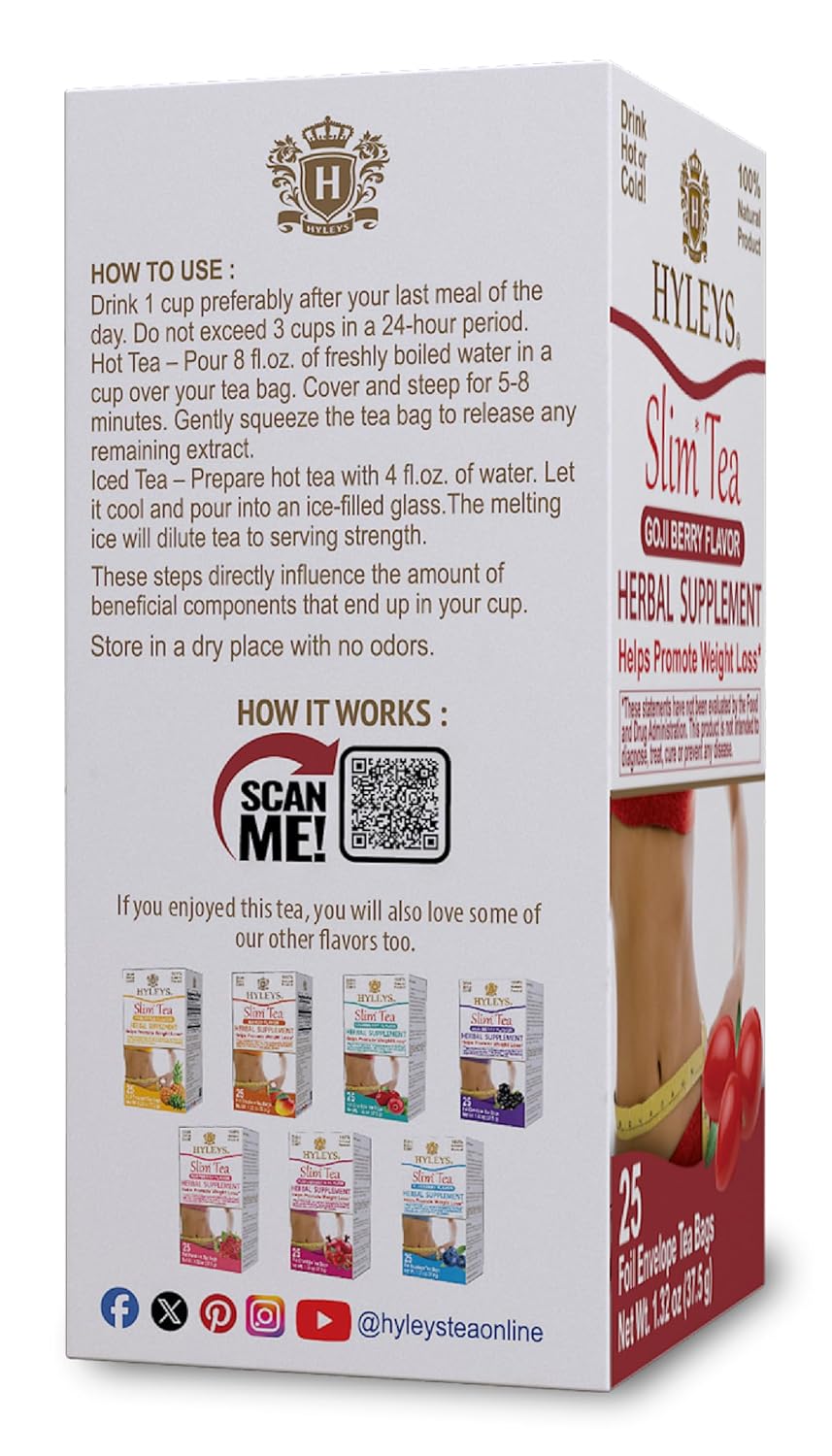 Hyleys Slim Tea Goji Berry Flavor - Weight Loss Herbal Supplement Cleanse and Detox - 25 Tea Bags (12 Pack)
