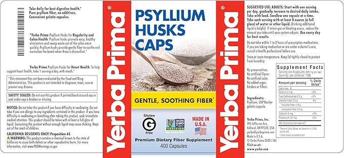 Yerba Prima Psyllium Husks Caps, 625 mg, 400 Capsules - Natural Fiber for Men and Women - Regularity Support Supplement