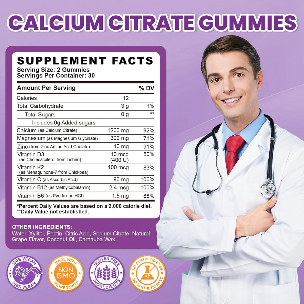 Calcium Citrate Gummies - 1200mg Calcium Gummies Supplements for Women & Men with Vitamin D3, K2, Magnesium, Zinc High Absorption for Bone, Muscle & Immune Support, Grape Flavor, 120 Count