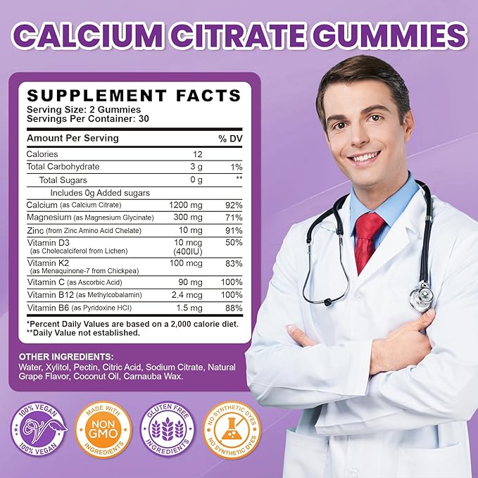 Calcium Citrate Gummies - 1200mg Calcium Gummies Supplements for Women & Men with Vitamin D3, K2, Magnesium, Zinc High Absorption for Bone, Muscle & Immune Support, Grape Flavor, 60 Count