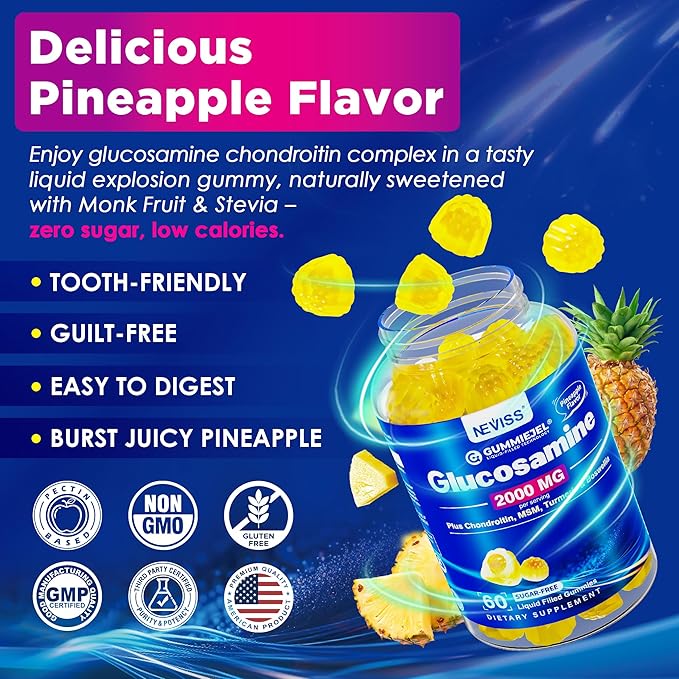 Glucosamine 2000mg Filled Gummies, Extra Strength Glucosamine Chondroitin MSM and Turmeric Supplement for Men & Women, w/Boswellia, Hyaluronic Acid, VIT D3 & Zinc, Sugar Free, Pineapple Flavor, 60Cts