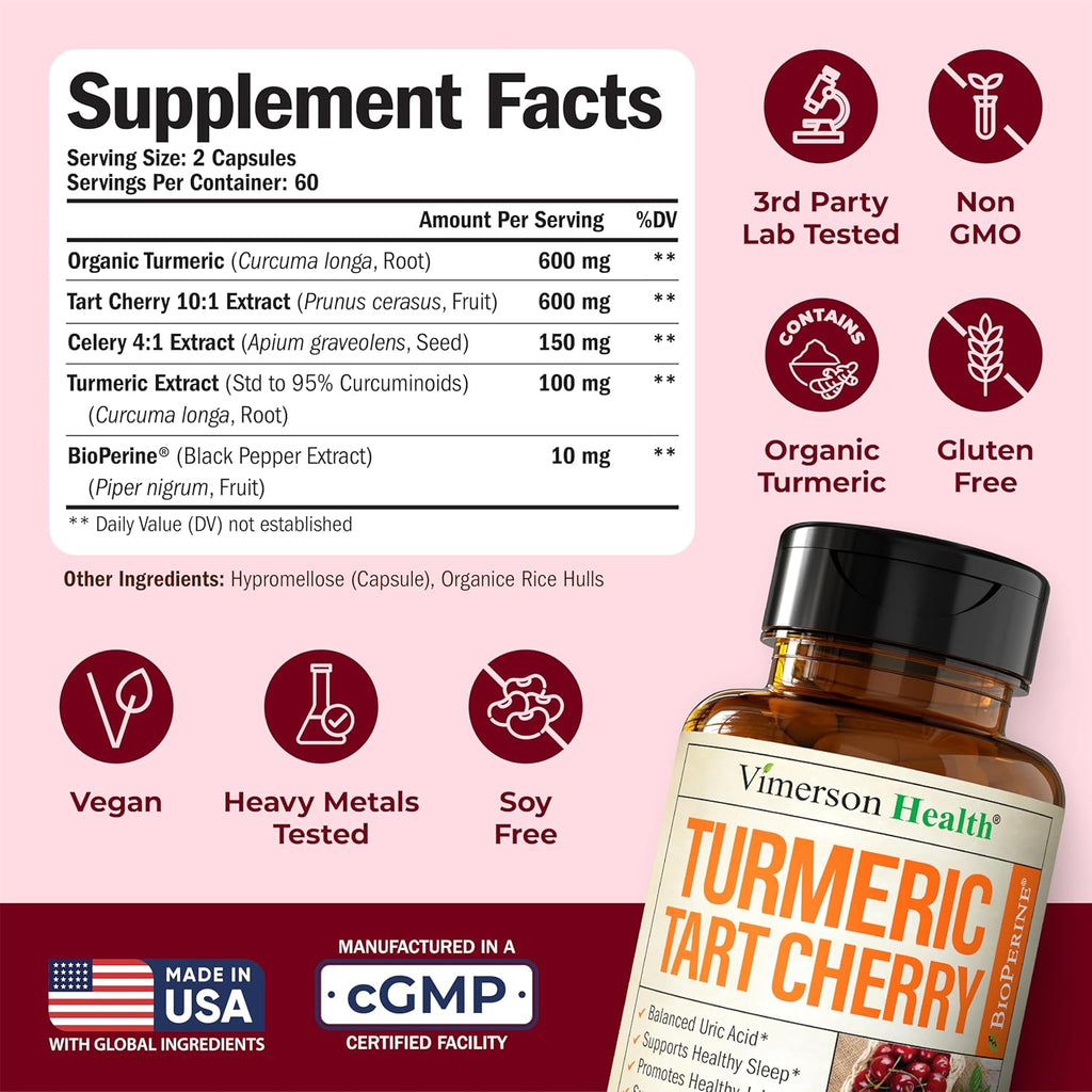 Turmeric Curcumin Supplement with 10:1 Tart Cherry Extract & Celery Seed Extract - Natural Uric Acid Balance, Joint Health & Sleep Aid - Turmeric Curcumin with Black Pepper. 120 Tart Cherry Capsules