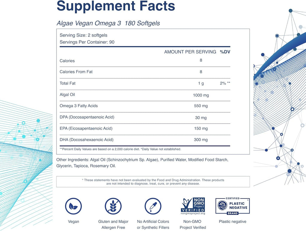 TAHIRO Vegan Omega-3 Softgels - Plant-Based Supplement with DPA, DHA & EPA - Nutrients for Men, Women and Pregnant Women - Supports Brain Health - Prenatal & Joint Supplements, 1000mg