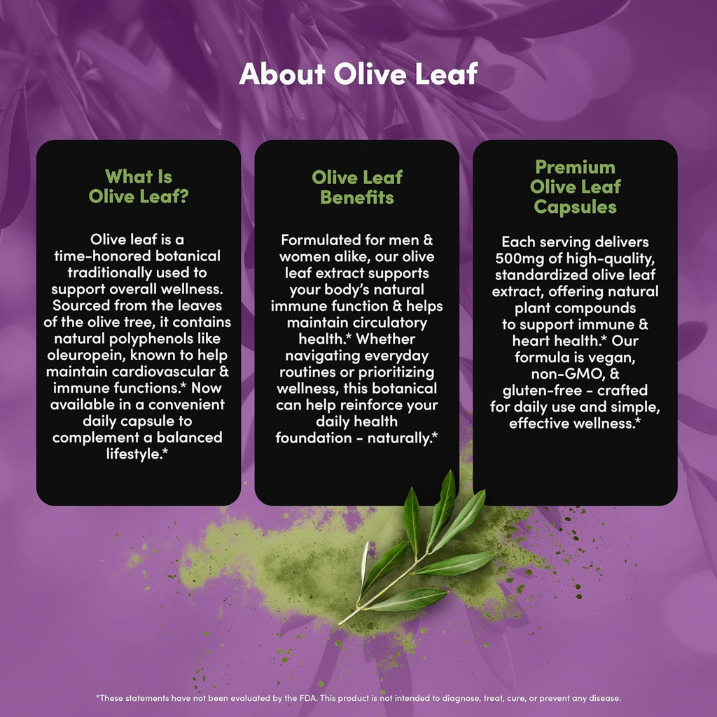 Olive Leaf Peak 500 mg - Immune System Support, Cardiovascular Health Support & Joint Comfort Support - Olive Leaf Extract Capsules - Natural Supplement - Vegan, Non-GMO, Dairy Free - 30 Capsules