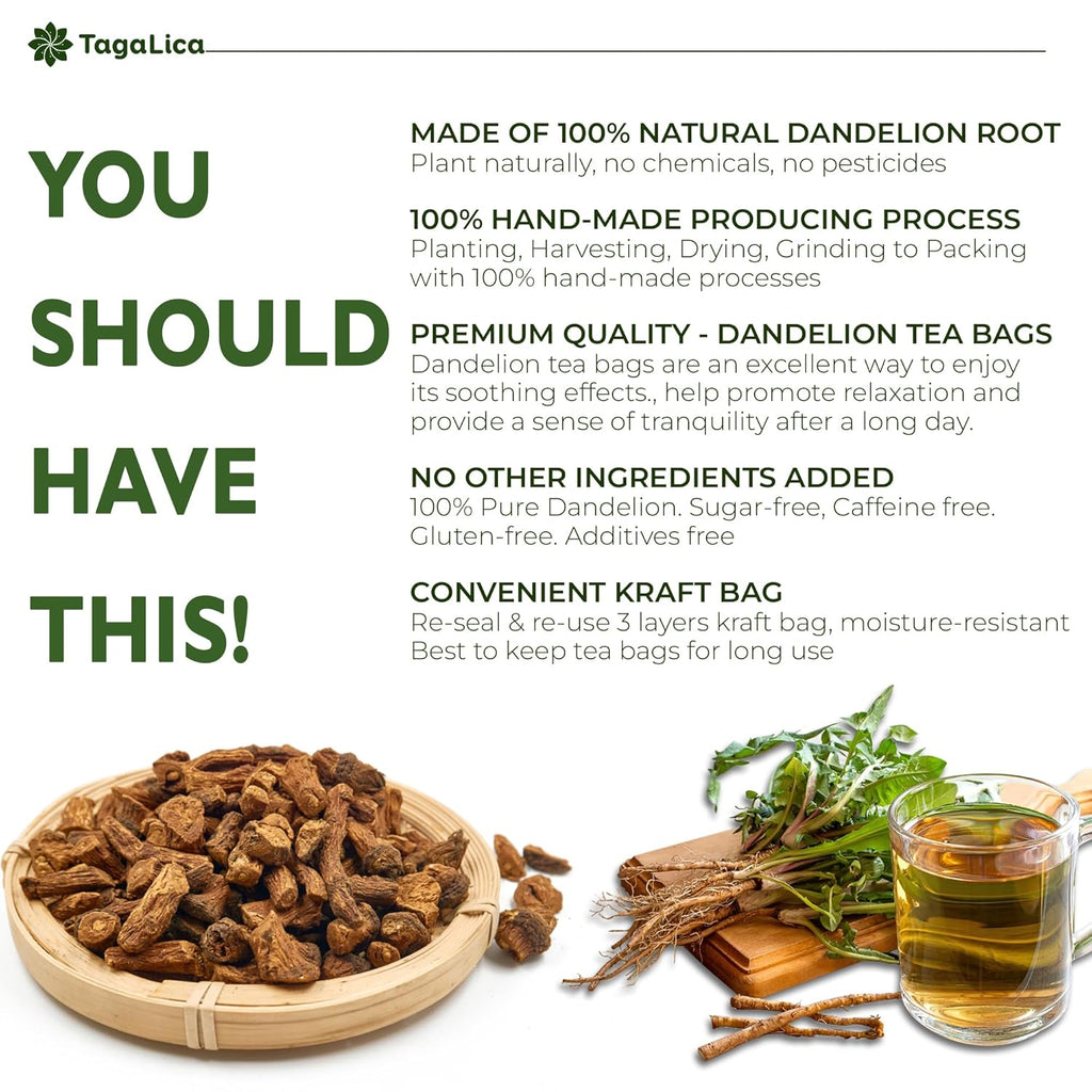 Tagalica Premium Dandelion Root Tea Bags - 25 Count, 100% Natural & Pure, Eco-Conscious, Herbal Tea, No Sugar, No Caffeine, No Gluten, Vegan
