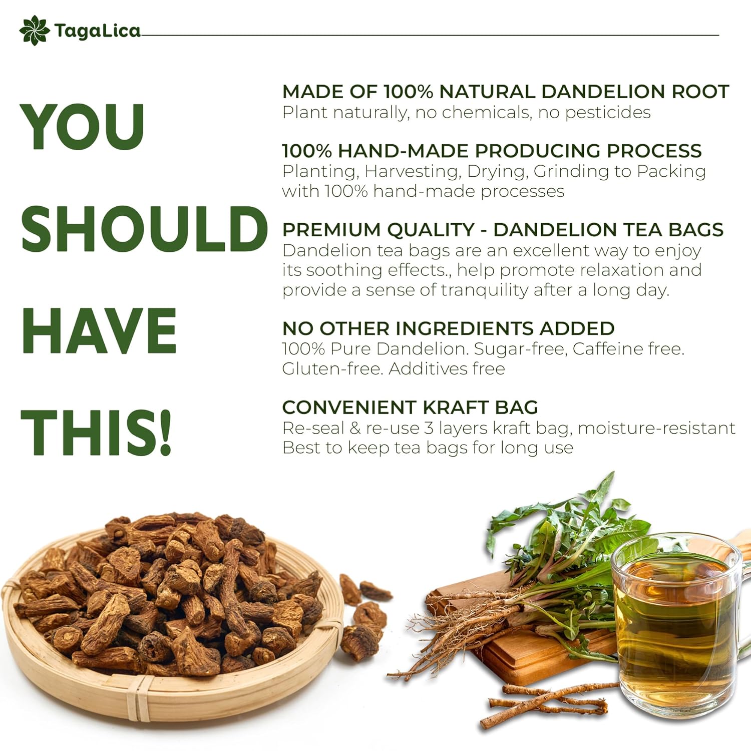 Tagalica Premium Dandelion Root Tea Bags - 25 Count, 100% Natural & Pure, Eco-Conscious, Herbal Tea, No Sugar, No Caffeine, No Gluten, Vegan