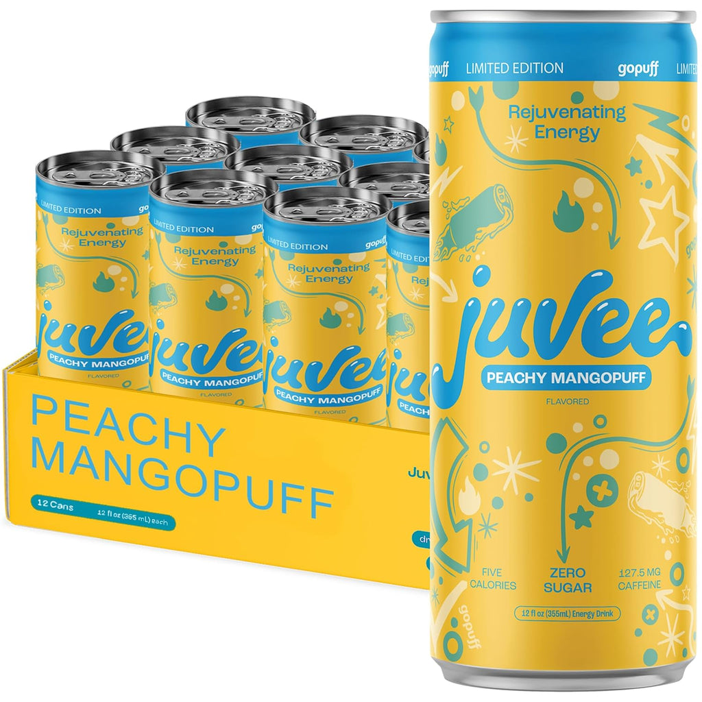 Juvee Rejuvenating Energy Drink. Sugar Free Energy Drinks. Taurine, Vitamin B12, Vitamin B6. 128 Mg Of Caffeine. L-Theanine For Mood Support. Panax Ginseng For Focus. Vitamin C For Immune Support. Gluten Free 12 oz - 12 Pack - Peachy Mangopuff