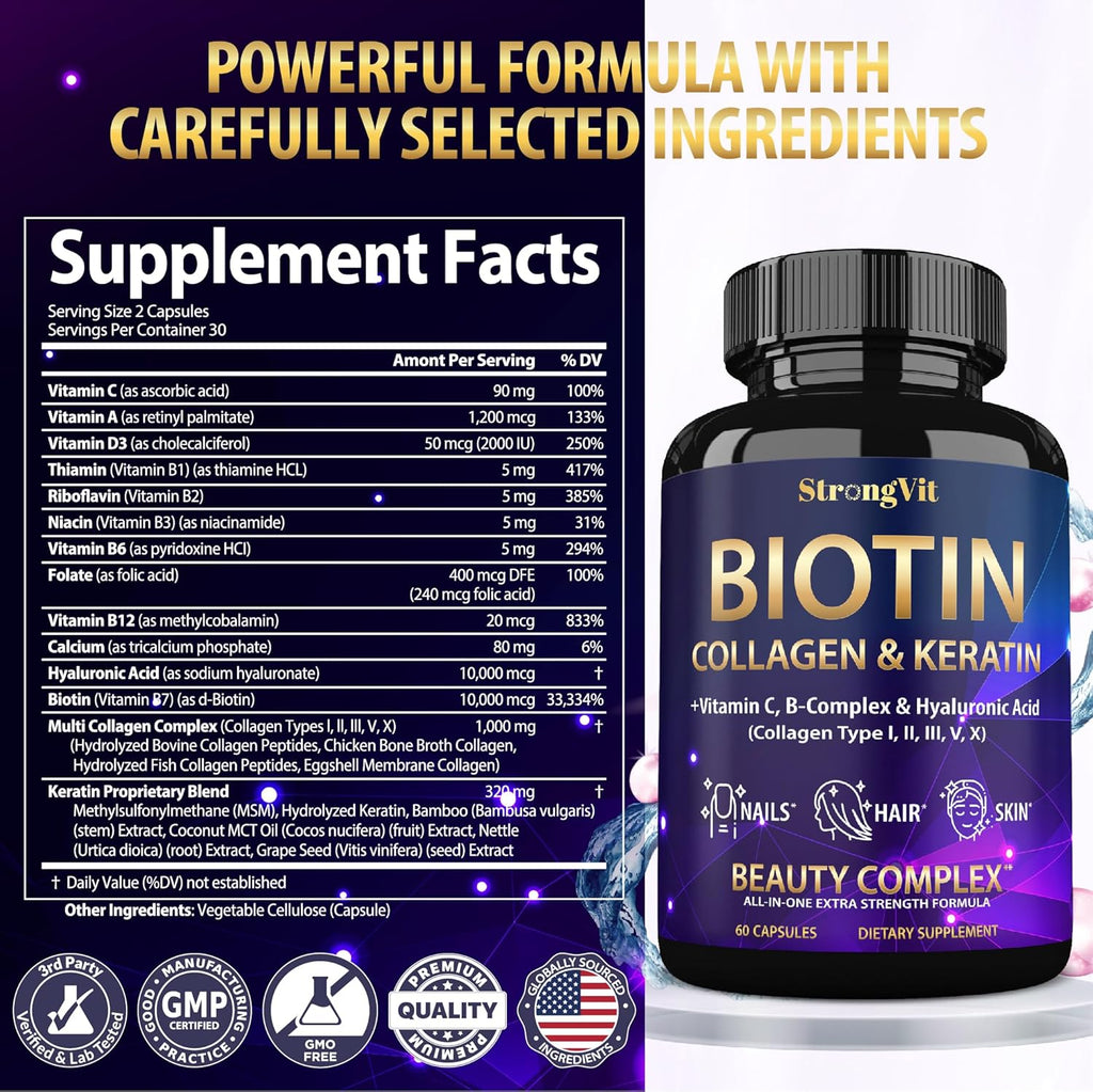 Biotin with Hyaluronic Acid, Keratin, and Collagen Supplements - Hair Growth Vitamins for Women and Men, Healthy Nails and Skin, B1, B2, B3, B6, B7 Complex, USA