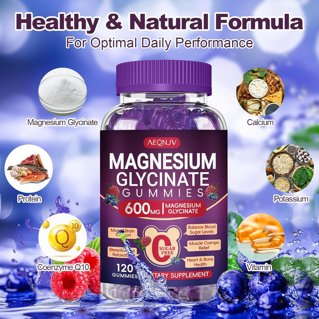 Magnesium Glycinate Gummy 600mg, Chewable Sugar Free Potassium Magnesium Gummy for Sleep, Body Support and Relaxation, Magnesium Supplements with Vitamin D, B6, and CoQ10 for Men & Women