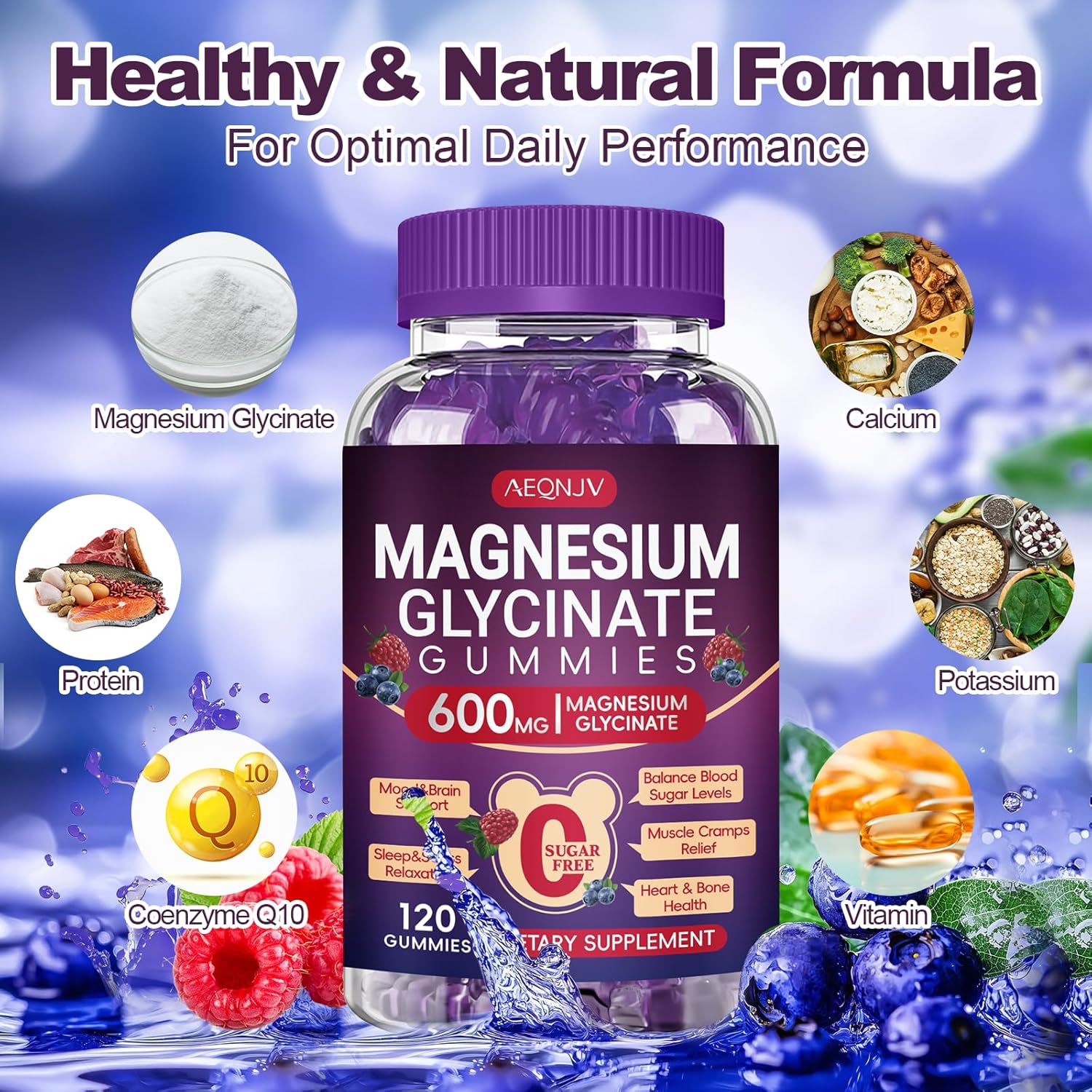 Magnesium Glycinate Gummy 600mg, Chewable Sugar Free Potassium Magnesium Gummy for Sleep, Body Support and Relaxation, Magnesium Supplements with Vitamin D, B6, and CoQ10 for Men & Women