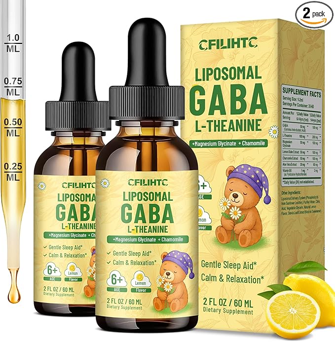 2 Pack Liposomal GABA L-Theanine Drops for Kids - Liquid GABA Supplement with Magnesium, Chamomile, Lemon Balm & Vitamin B6 - Support Relaxation, Focus & Stress Relief for Kids & Adults - Lemon