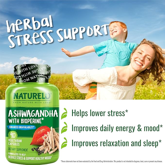 NATURELO Ashwagandha Organic Root Powder - Natural Herbs Supplement for Fatigue, Stress Relief, Mood Enhancer - with Black Pepper Extract - 90 Vegan Capsules
