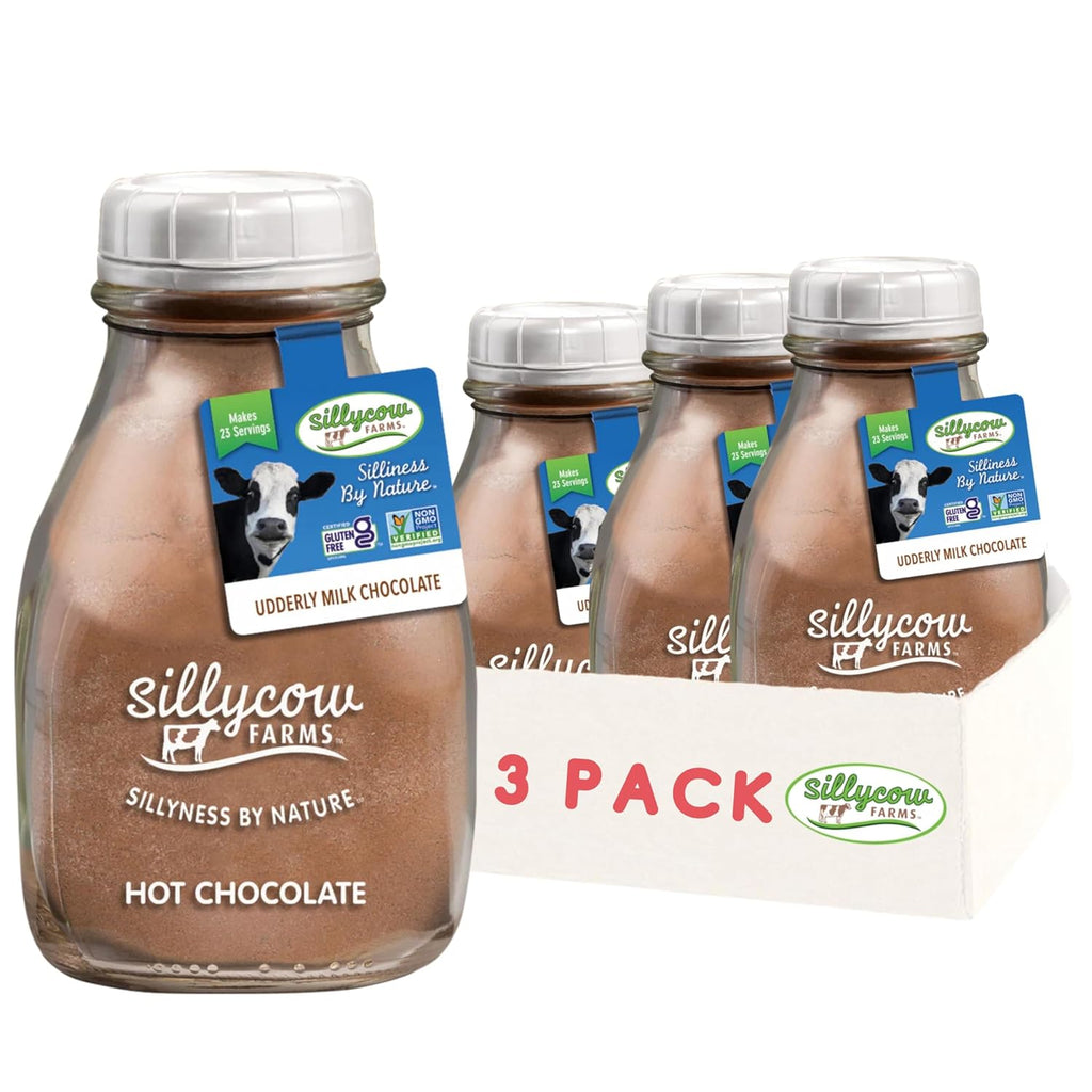 Sillycow Farms Hot Chocolate Mix Udderly Milk | Rich Hot Cocoa Delight | Gluten-Free, Non-GMO, Dairy-Free | Pure Cocoa and Vanilla Flavor | 16.9 Oz Reusable Glass Bottle - Pack of 3