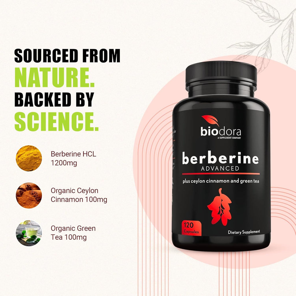 Berberine Advanced Plus with 1200mg Berberine - 100mg Ceylon Cinnamon and 100mg Green Tea Extract - 1400mg Per Dose -120 Capsules - 60 Day Supply - Supports Immune and Cardiovascular