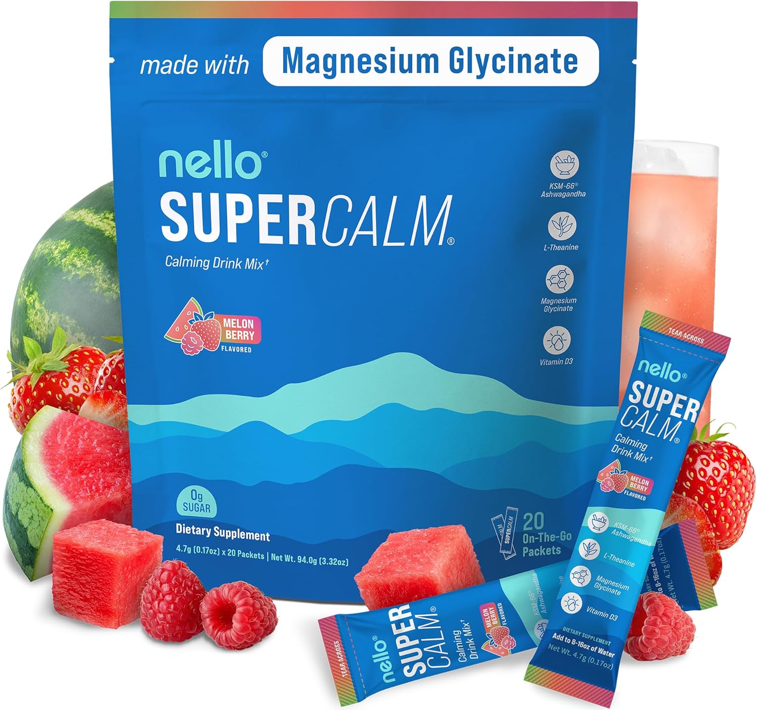 Supercalm Drink Mix - Ashwagandha KSM 66, Magnesium Glycinate & L-Theanine Supplement - Ashwagandha Root Extract - Focus and Relaxation Support (20 Travel Packets) - Melon Berry
