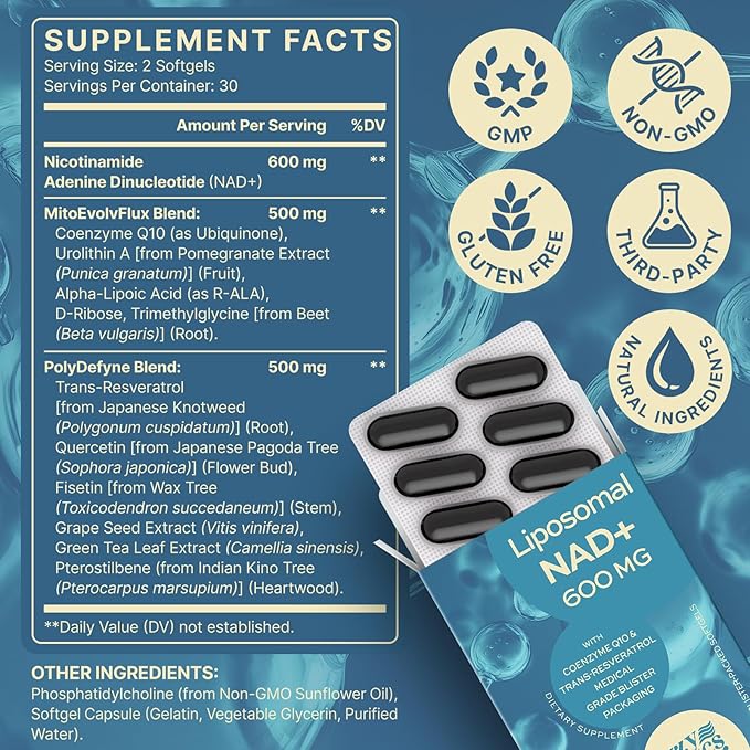 NAD+ Supplement 1600mg Extra Strength - Liposomal NMN Alternative with Resveratrol, Urolithin A, CoQ10, Quercetin & ALA - Mitochondrial Energy & Anti-Aging, Cell Regeneration, 60 Softgels