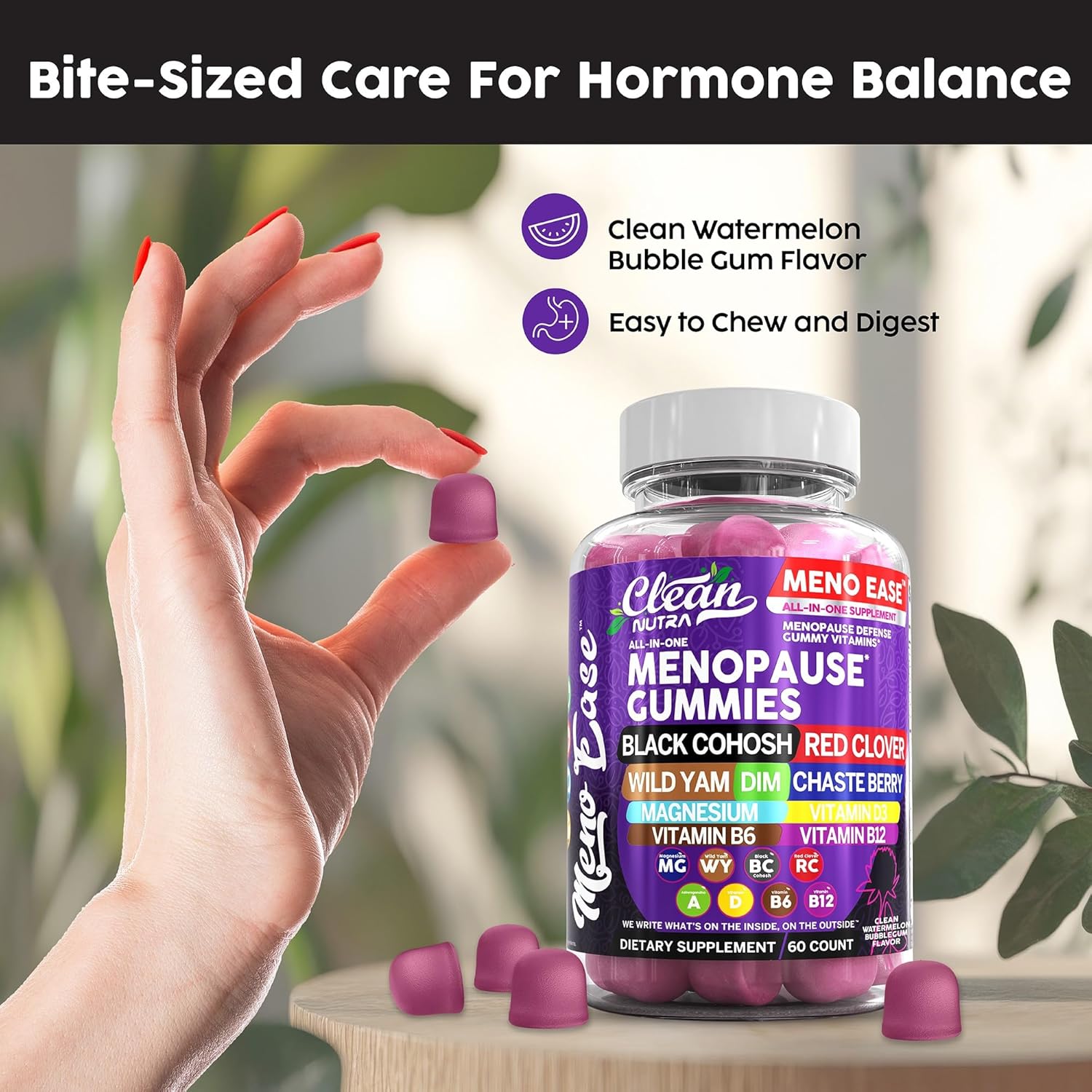 Menopause Supplement For Women Gummies with Black Cohosh, Wild Yam Magnesium, Red Clover For Menopause Relief Hormone Balance Night Sweats Mood Plus Bergamot, Vitamin D3, Vitamin B12, Vitamin B6 Clean
