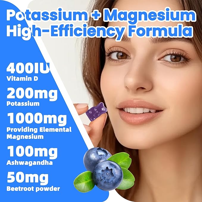 Potassium Magnesium Gummies,Potassium Supplement w/Ashwagandha,High Absorption Magnesium Glycinate,B6,D3,Potassium Citrate for Leg Cramps,Muscle,Electroyte for Adults Kids,Sugar-Free, 120 Gummies