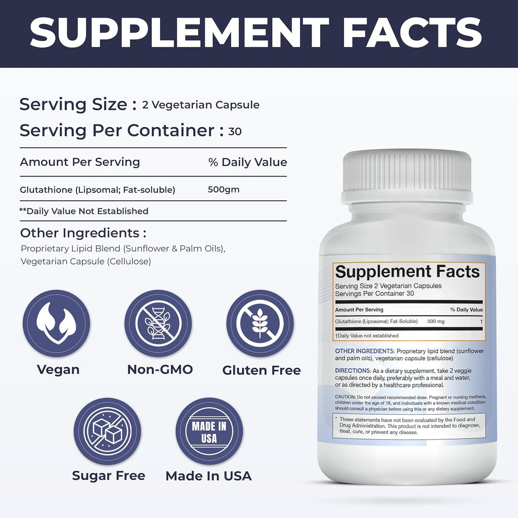 Liposomal Glutathione Non-GMO, Gluten Free 500mg Supplement - May Provide Immune Support, Liver Detox, Brain Health and Heart Health - 60 Glutathione Capsules