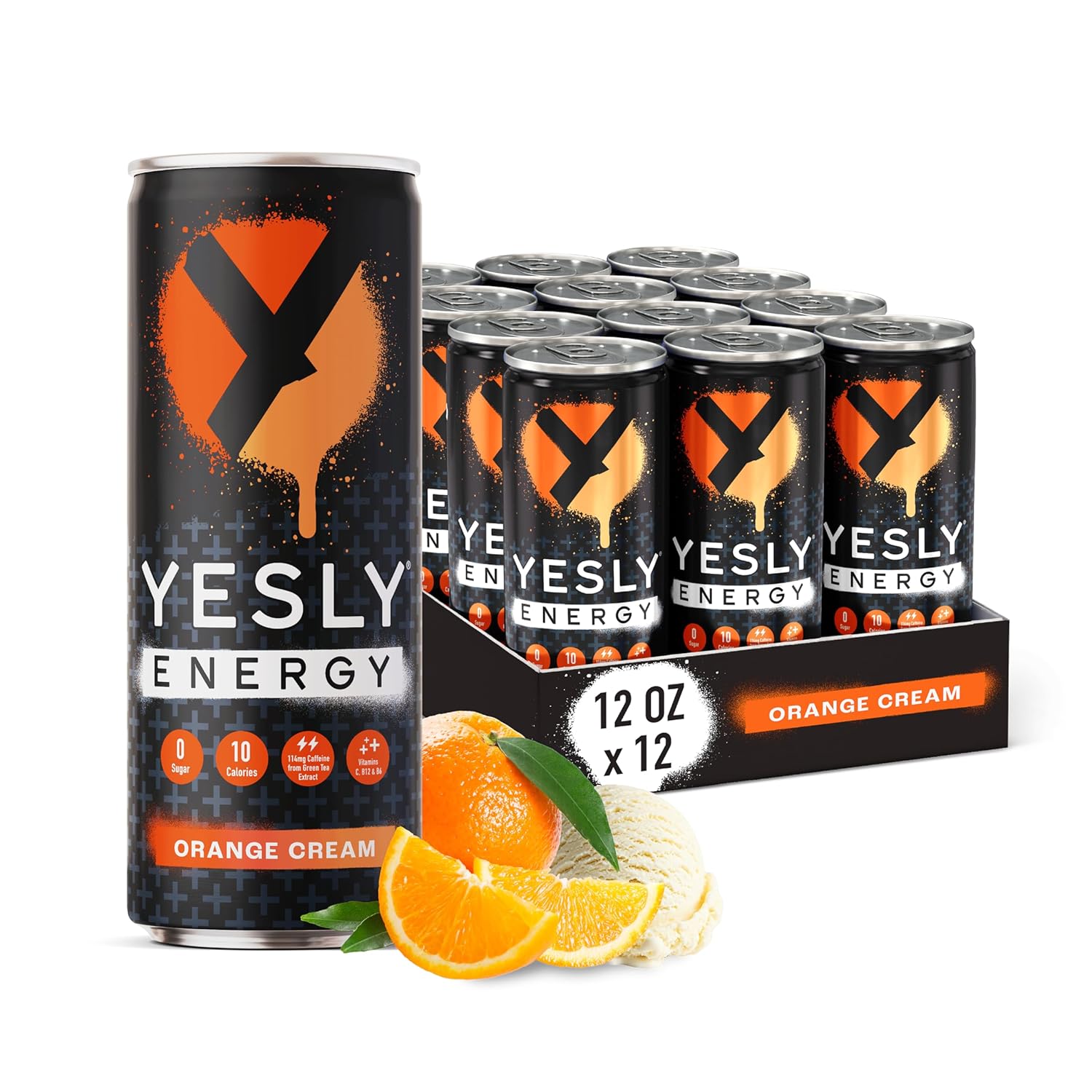 Yesly Energy - All Natural Clean Energy Drink - Zero Sugar Functional Energy – 114mg of Green Tea Extracted Caffeine Per Serving - Variety Pack, 12 Fl Oz (Pack of 12) (12 Fl Oz (Pack of 12), Orange Cream)