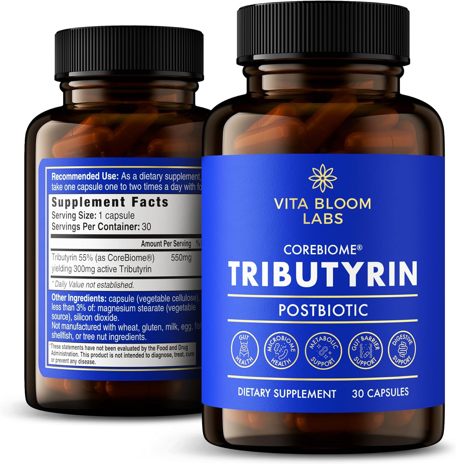 CoreBiome Tributyrin Supplement - Better Delivery & More Effective than Sodium Butyrate - Gut Health & Digestive Support - 3-in-1 Butyrate Postbiotics for Leaky Gut & Gut Barrier Support - 30 Capsules