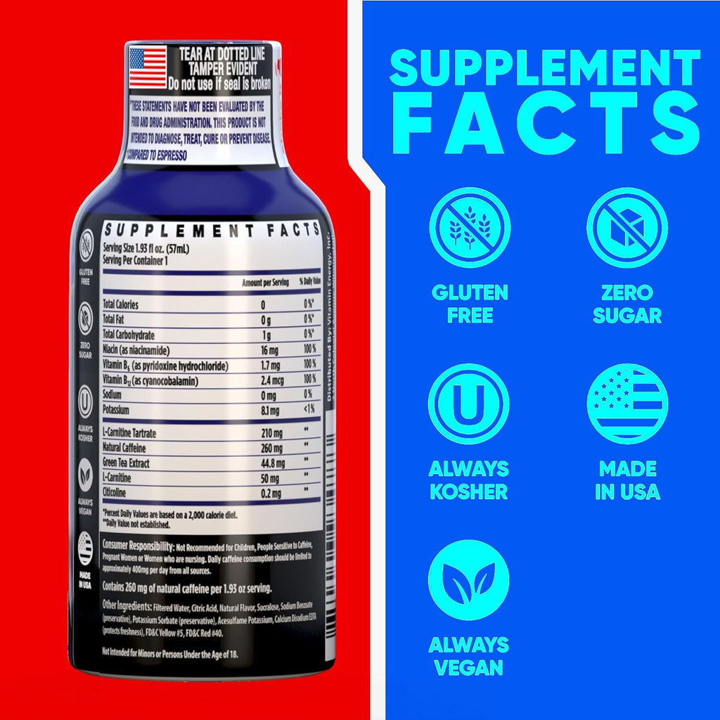 Vitamin Energy Immune+ Extra Strength Energy Shot Blue Raspberry 48 Pack, 260mg Natural Caffeine, B-Vitamins, Citicoline, Green Tea, Immunity & Focus Support, Zero Sugar, Gluten-Free 1.93 fl oz