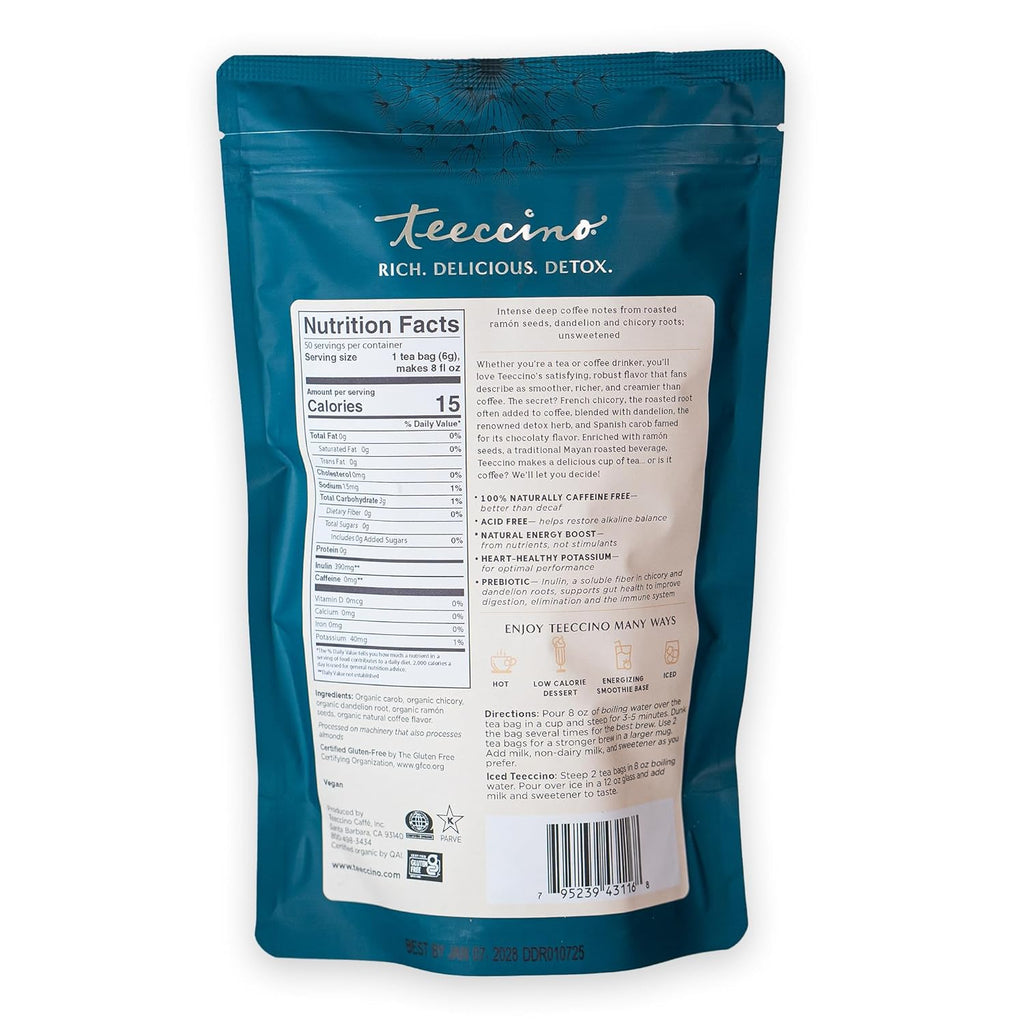 Teeccino Dandelion Herbal Tea, 50 Tagless Eco-Friendly Tea Bags - Dark Roast - Caffeine Free, Prebiotic, Gluten Free, 3x More Herbs