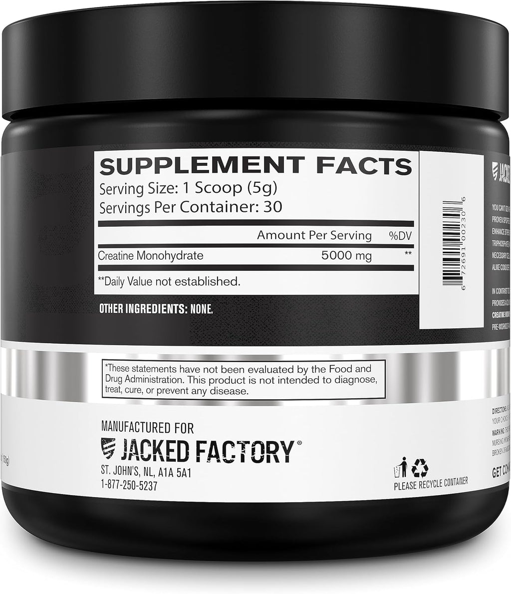 Jacked Factory Creatine Monohydrate Powder 150g - 5g Daily Creatine Supplement for Men and Women, Vegan-Friendly, Third-Party Tested - 30 Servings, Unflavored
