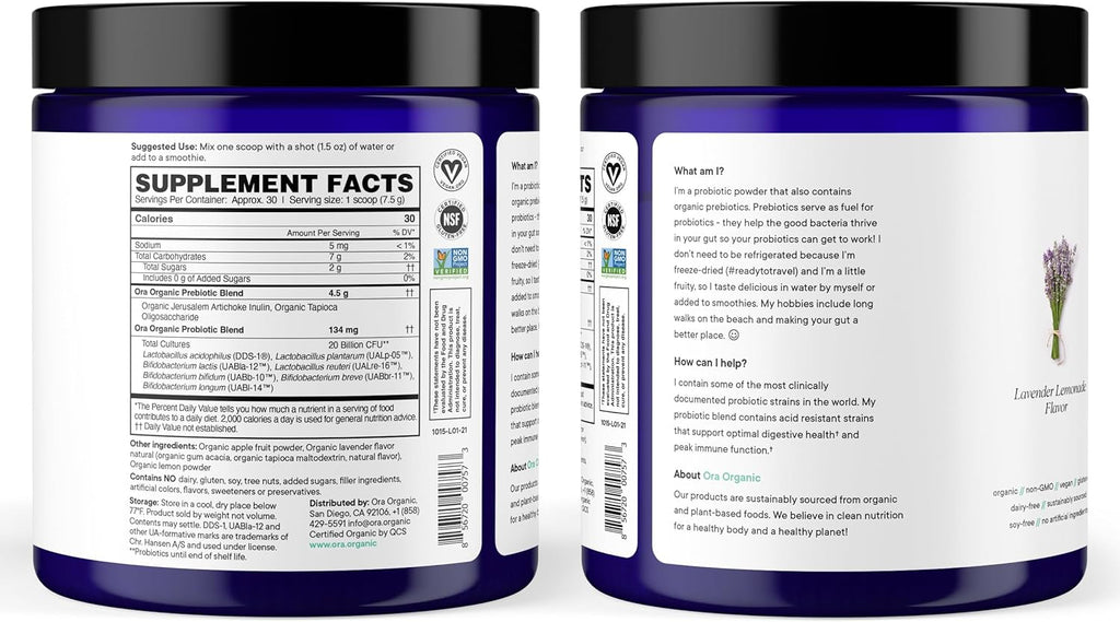 Ora Organic Prebiotic and Probiotic Powder Supplement - 20 Billion Probiotics, 7 Strains for Best Prebiotic Powder, Non-GMO, Probiotics for Women, Men & Kids - Lavender Lemonade Flavor, 30 Servings