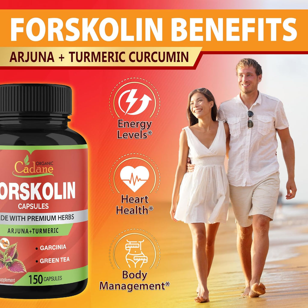 Organic Cadane Forskolin Supplement Capsules - 5in1 Concentrated with Turmeric Curcumin, Arjuna, Garcinia Cambogia, and Green Tea - 150 Capsules for 5 Months Supply