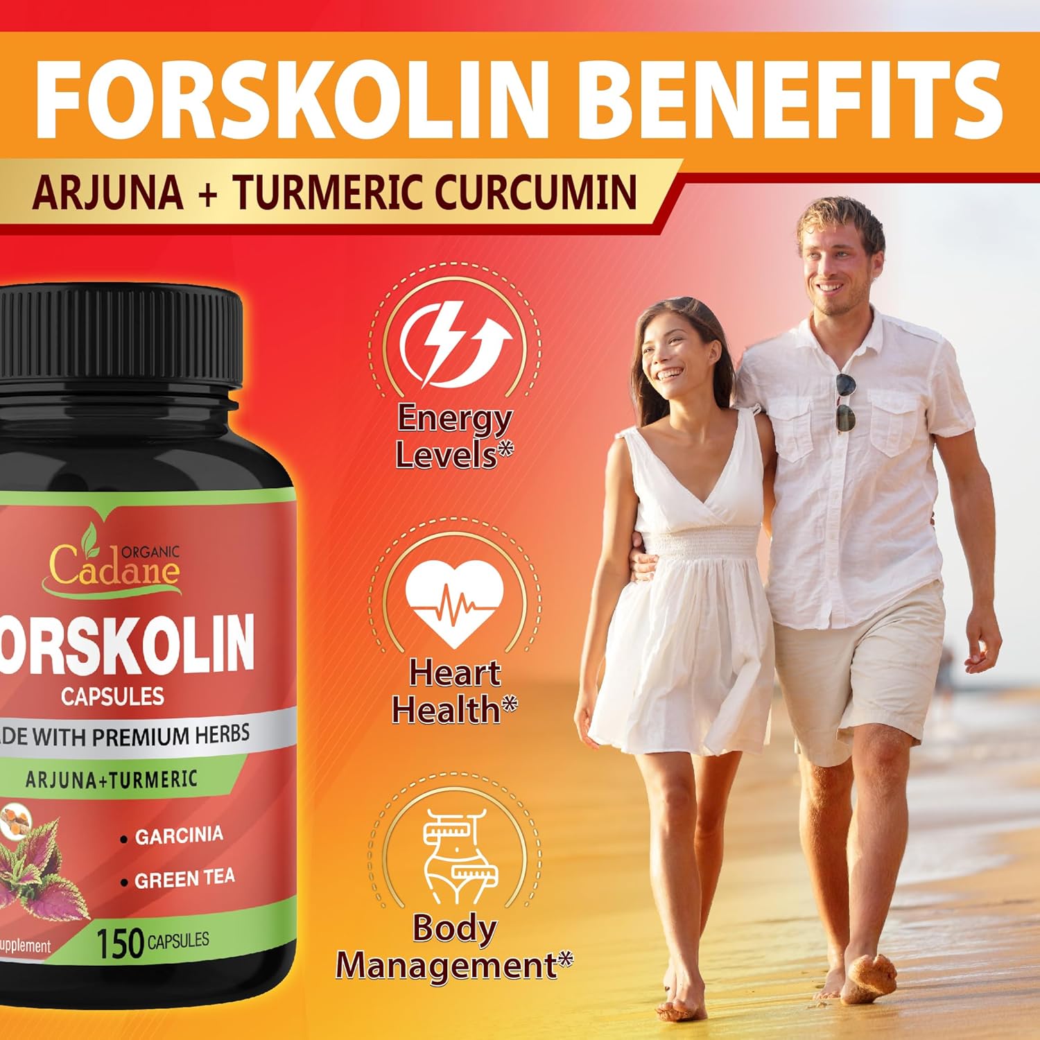 Organic Cadane Forskolin Supplement Capsules - 5in1 Concentrated with Turmeric Curcumin, Arjuna, Garcinia Cambogia, and Green Tea - 150 Capsules for 5 Months Supply