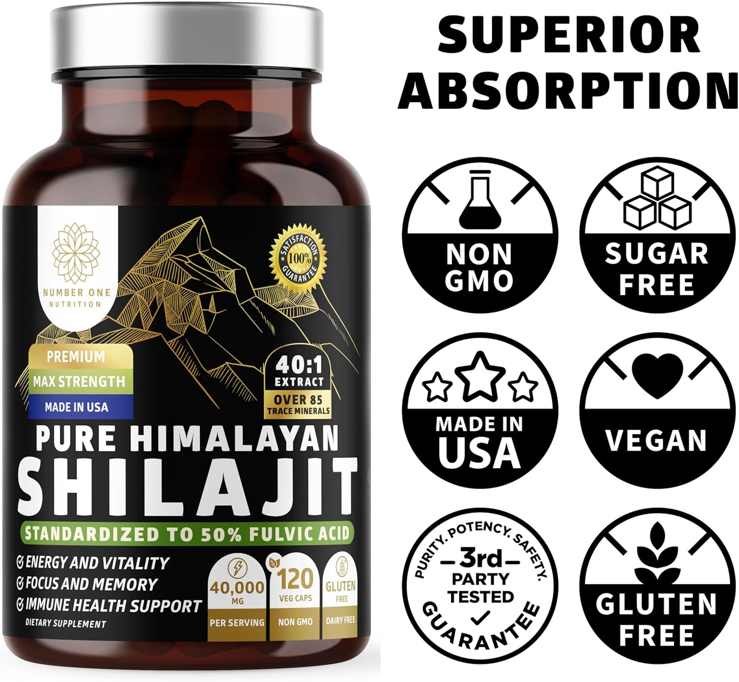 Pure Himalayan Shilajit Supplement for Men and Women, [40,000MG, Max Strength] Contains 50% Fulvic Acid with Over 85 Trace Minerals to Support Energy, Brain and Immunity, 120 Veg Caps